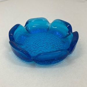Vintage blenko or anchor hocking blue glass flower ashtray